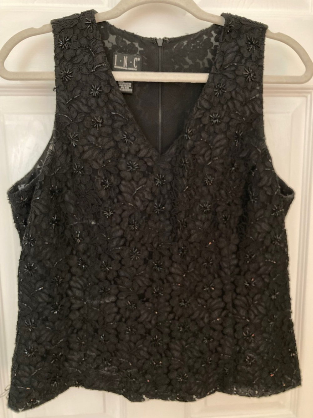 INC International Concepts Black Floral Beaded Lace Sleeveless Shell